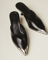 Iconic Metal-Cap Kitten Heel Mules in Black