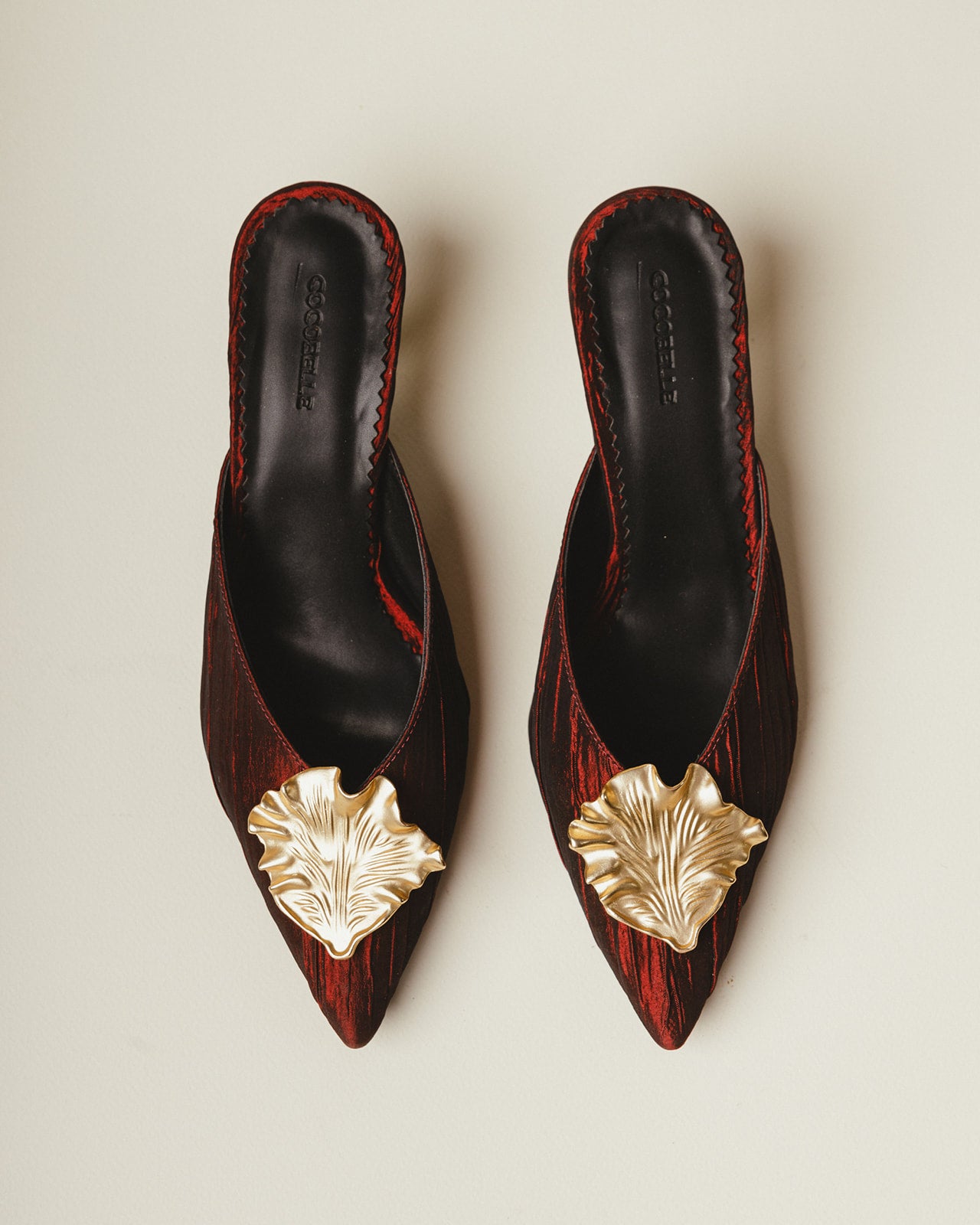 Iconic Gold-leaf Kitten Heel Mules in Crimson