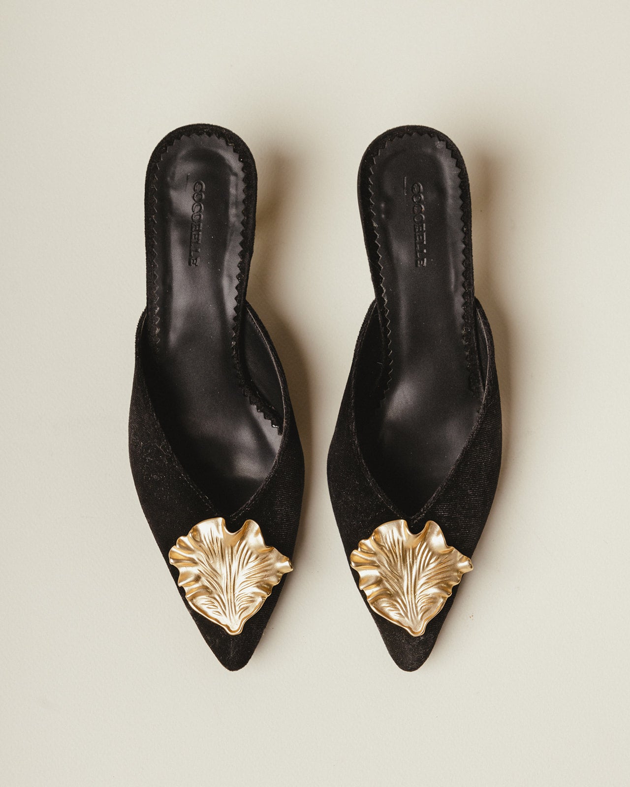Iconic Gold-leaf Kitten Heel Mules in Black Velvet