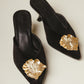 Iconic Gold-leaf Kitten Heel Mules in Black Velvet