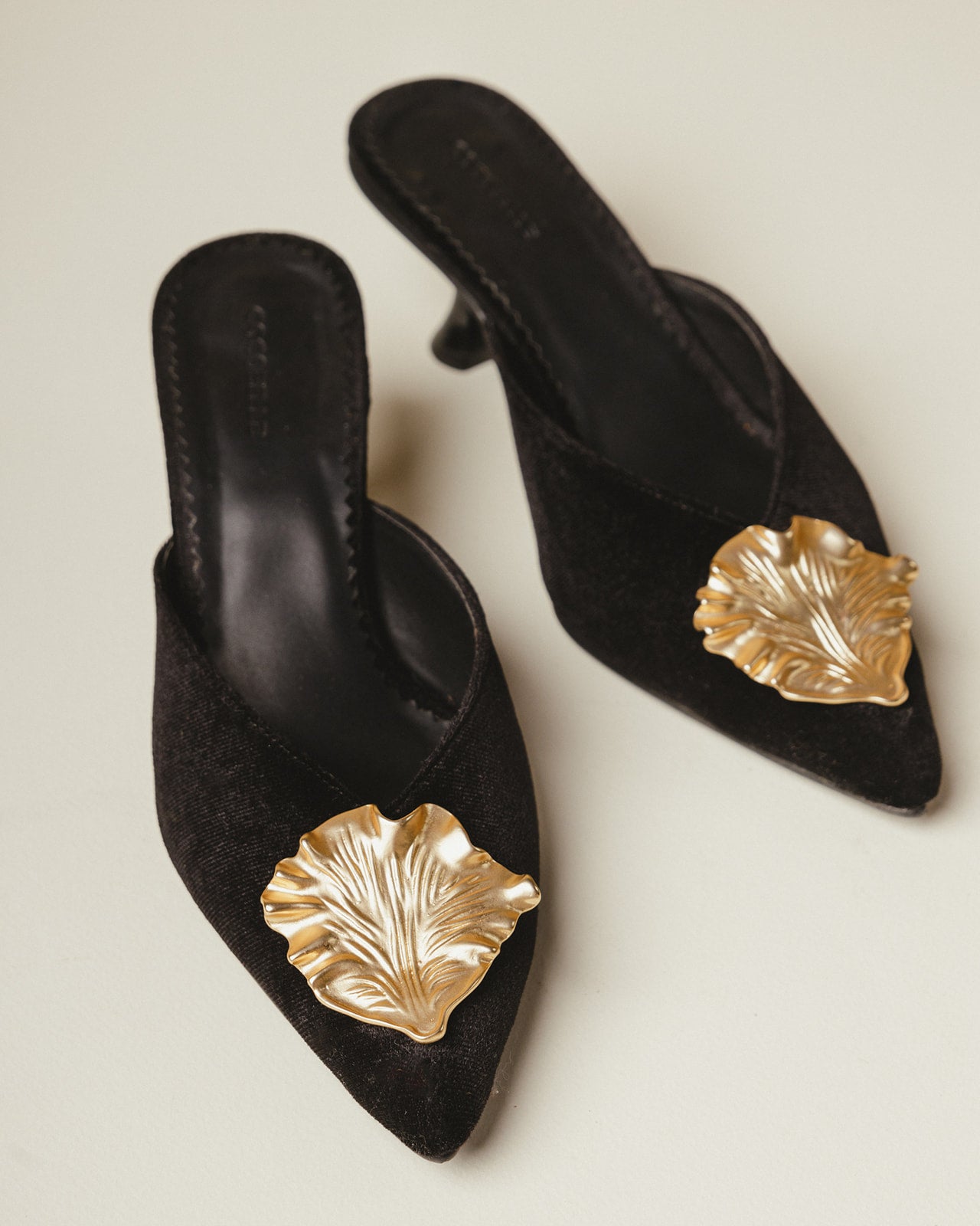 Iconic Gold-leaf Kitten Heel Mules in Black Velvet