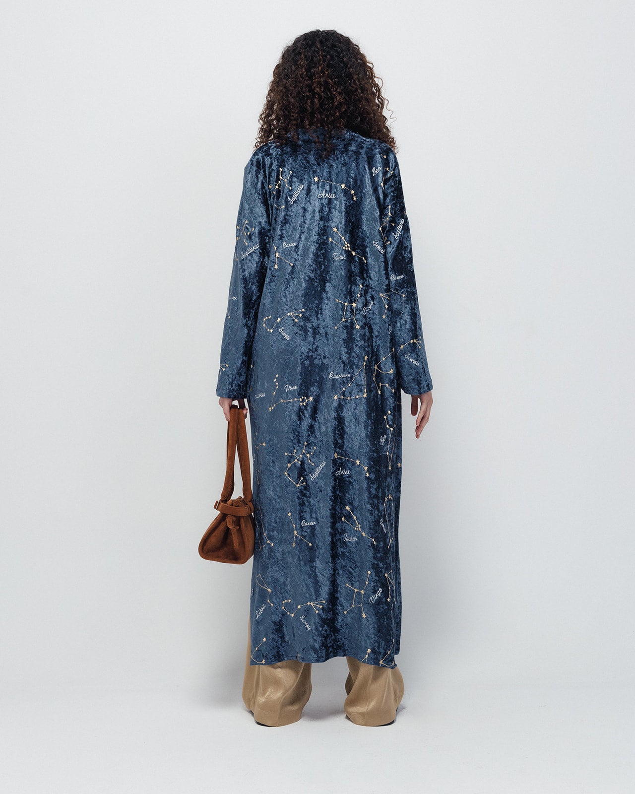 Zodiac-Sign Embroidered Kaftan on Blue Velvet  (Pre-Order: Shipping February 15)