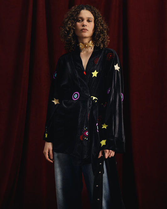 All- Eyes- On- You Kimono Style Short Kaftan in Black Velvet (Pre-Order: Shipping February 18)