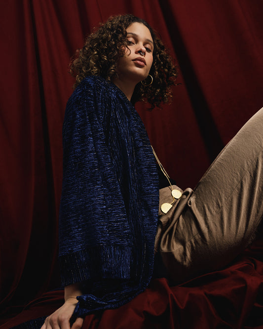 “Moon-Dust” Silver + Navy Plissé Velvet Kimono Jacket