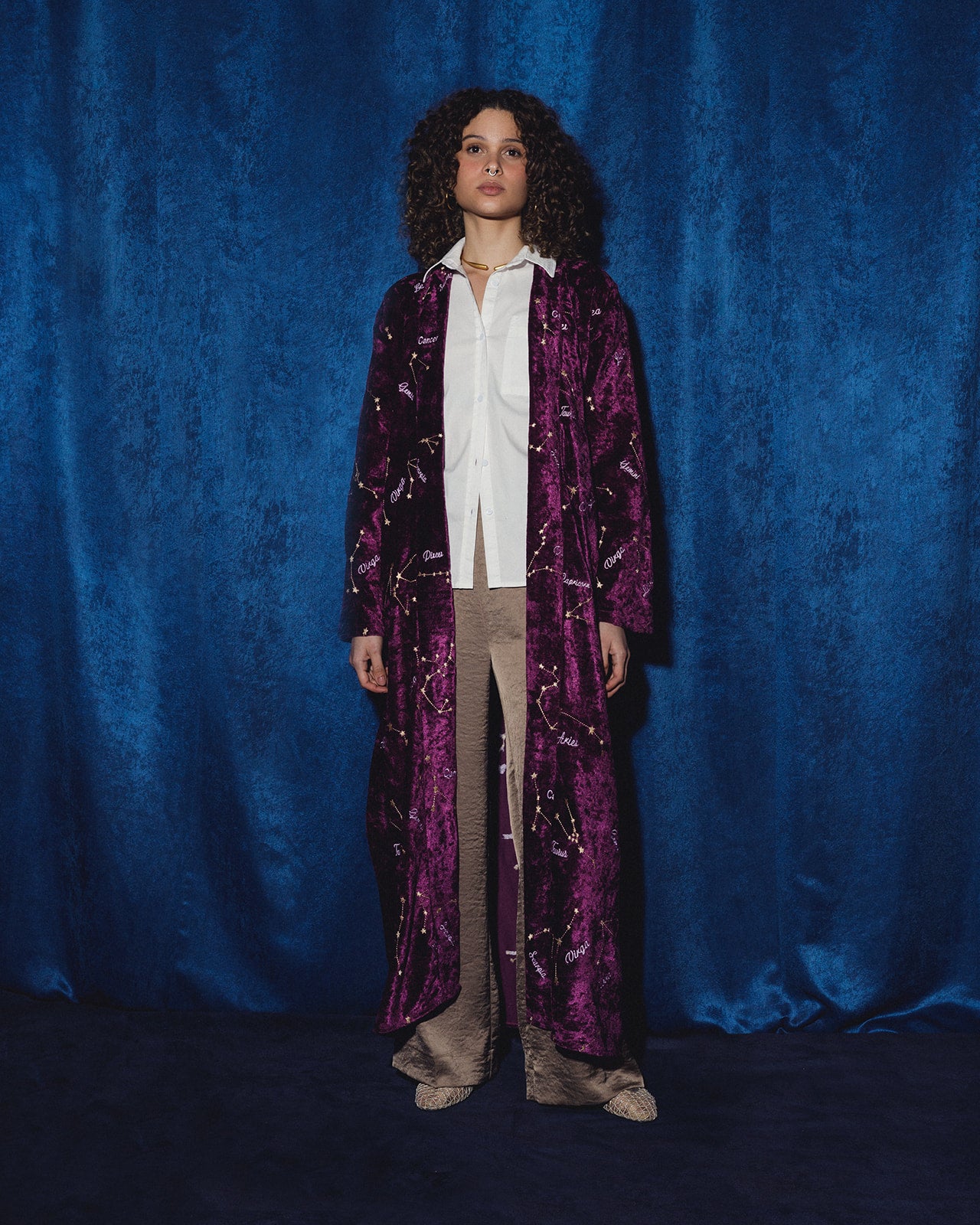 Zodiac-Sign embroidered Kaftan in Deep-Purple Velvet (Pre-Order: Shipping February 15)