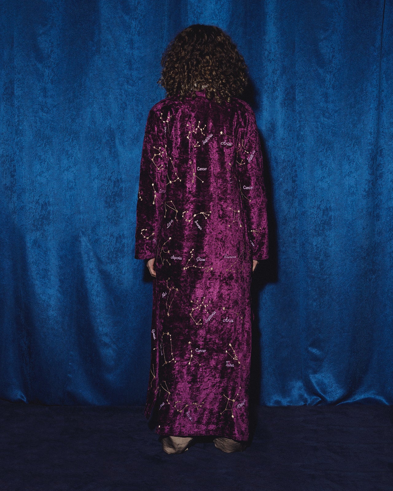 Zodiac-Sign embroidered Kaftan in Deep-Purple Velvet (Pre-Order: Shipping February 15)