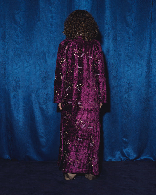 Zodiac-Sign embroidered Kaftan in Deep-Purple Velvet ( (Pre-Order: Shipping February 15)