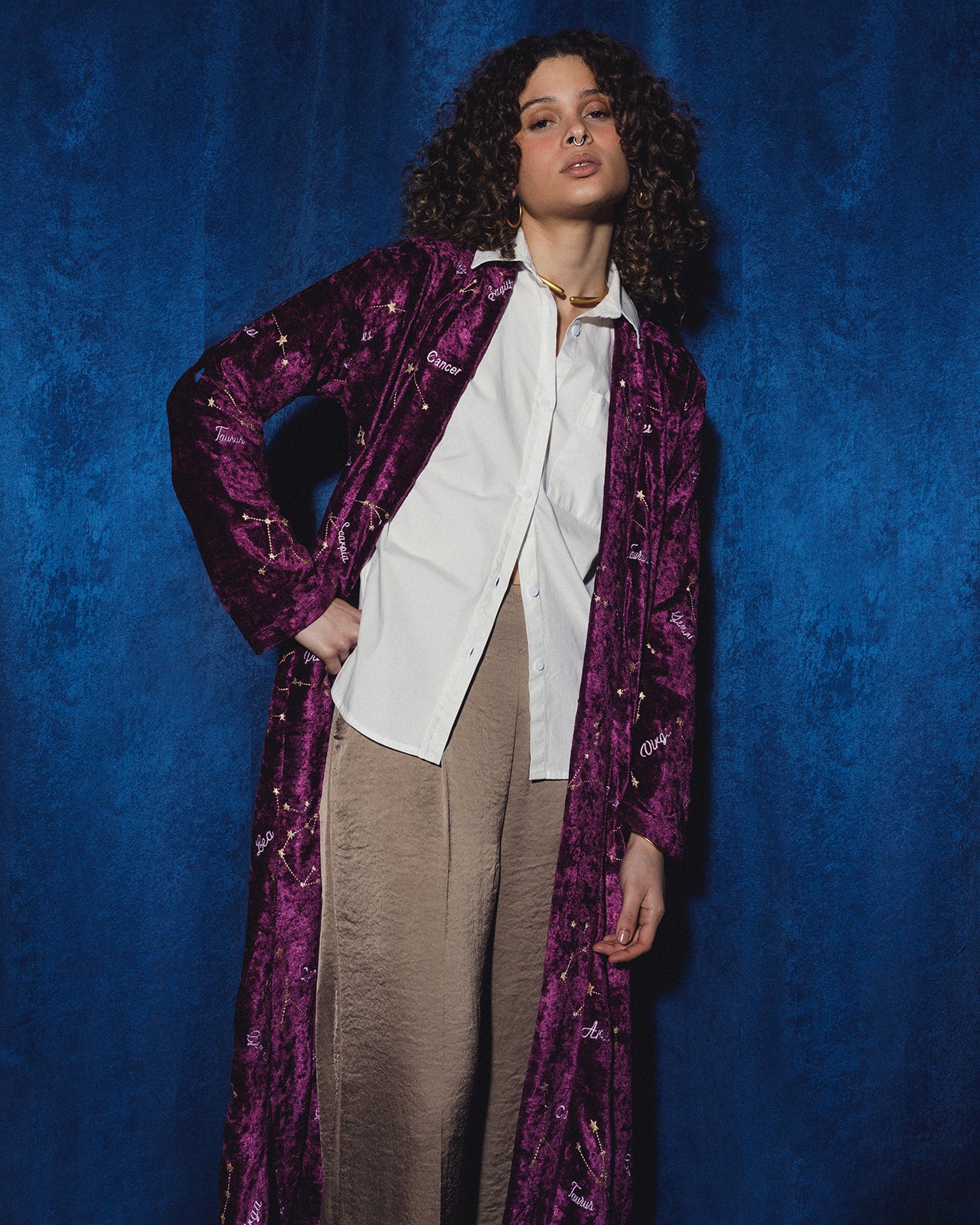 Zodiac-Sign embroidered Kaftan in Deep-Purple Velvet (Pre-Order: Shipping February 15)