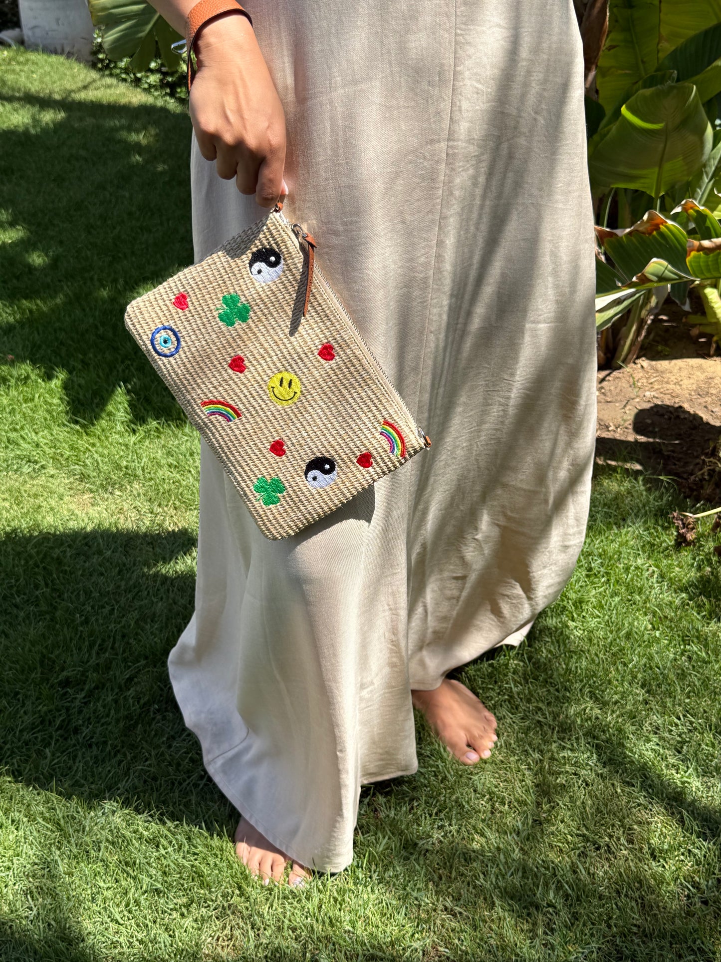 “Funk” Hippie- embroidery Raffia Pouch/cross body (comes with strap)