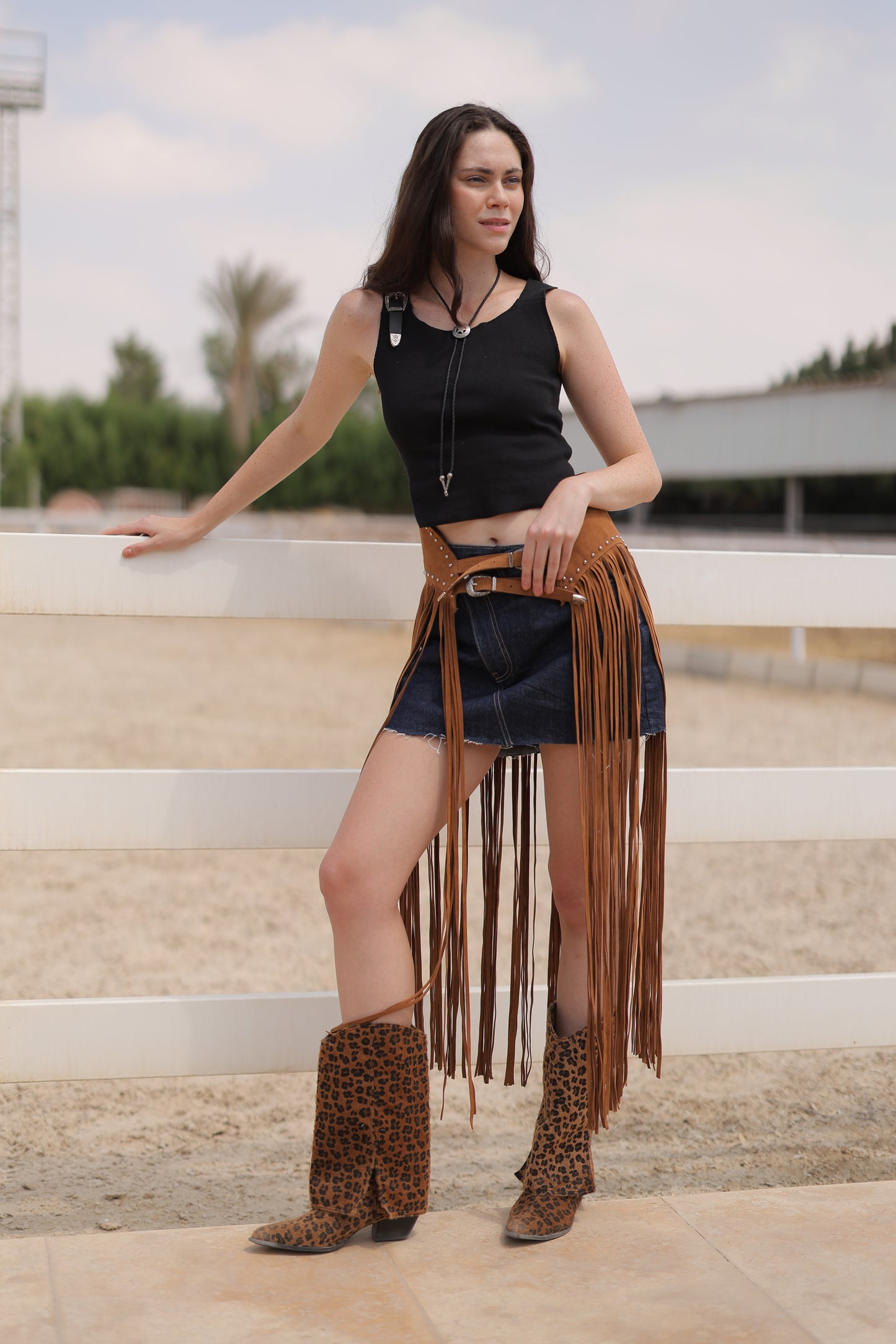 Fringe Studded Belt in Brown