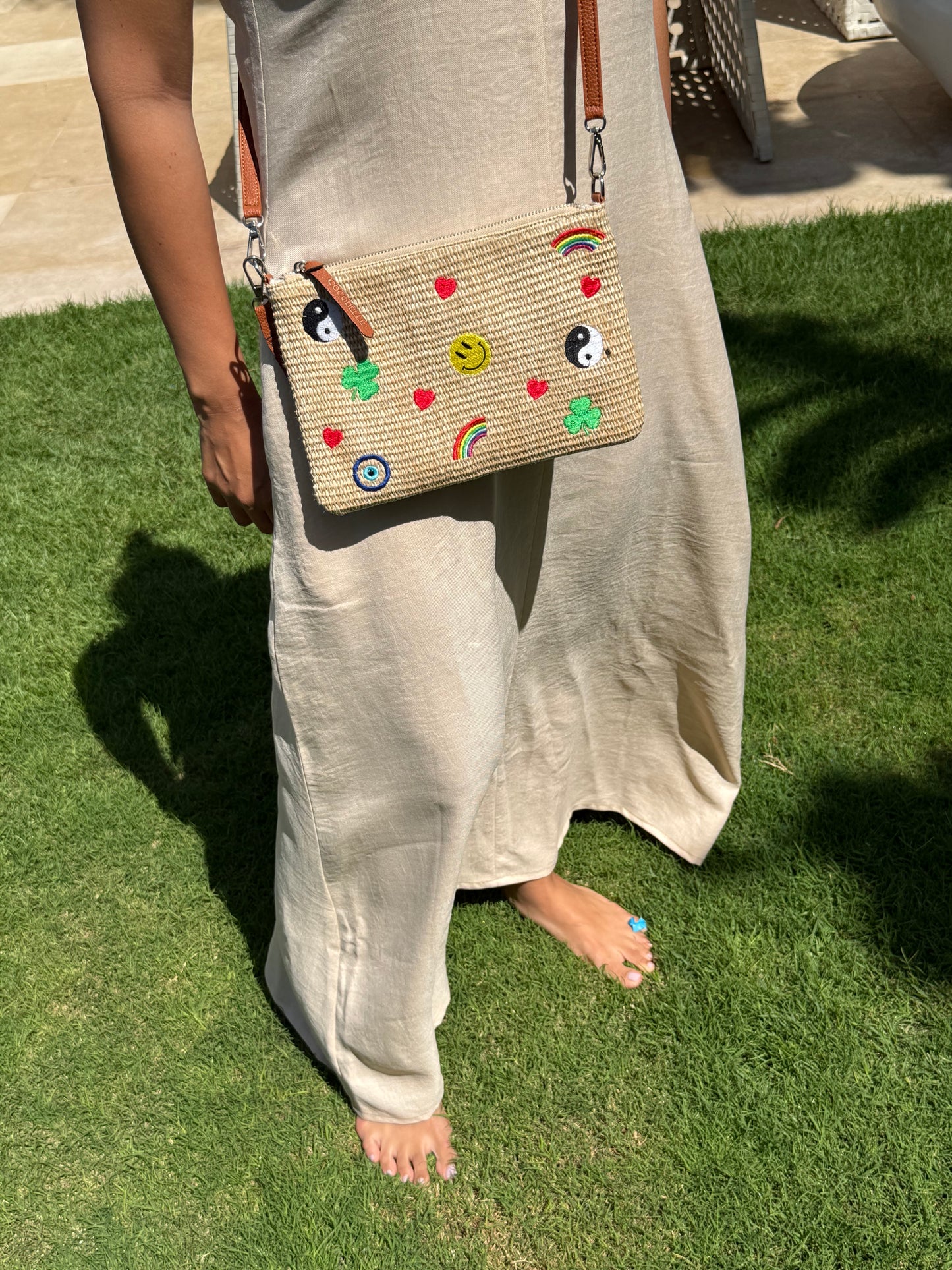 “Funk” Hippie- embroidery Raffia Pouch/cross body (comes with strap)
