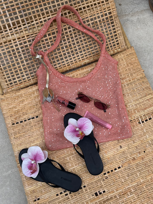The Ivy tote bag in sequin-embleshed mesh in Peach