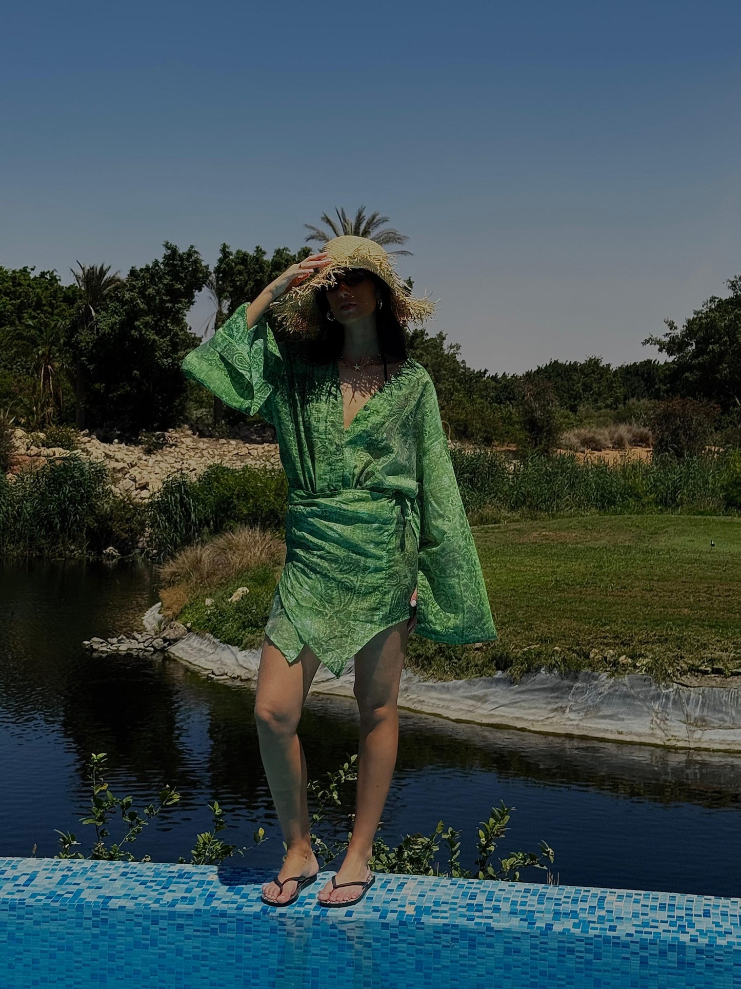 Soraya beach wrap-dress in Green Bandana