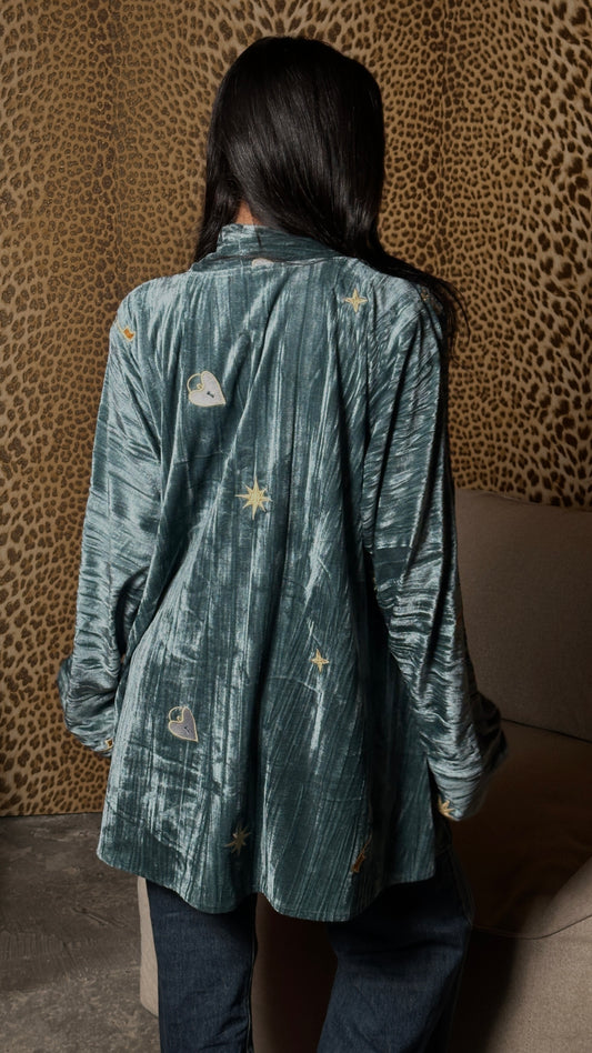 “Heart-Lock & Key” Embroidered 
 Kimono in Powder Blue