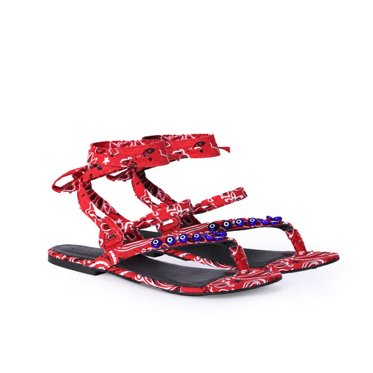 Greek-Eye & Bandana Wrap Sandal in Red (xSATISFASHION)