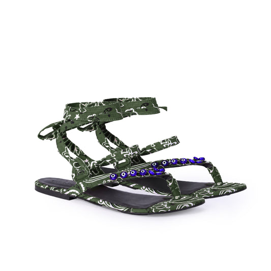 Greek-Eye & Bandana Wrap Sandal in Olive (xSATISFASHION)
