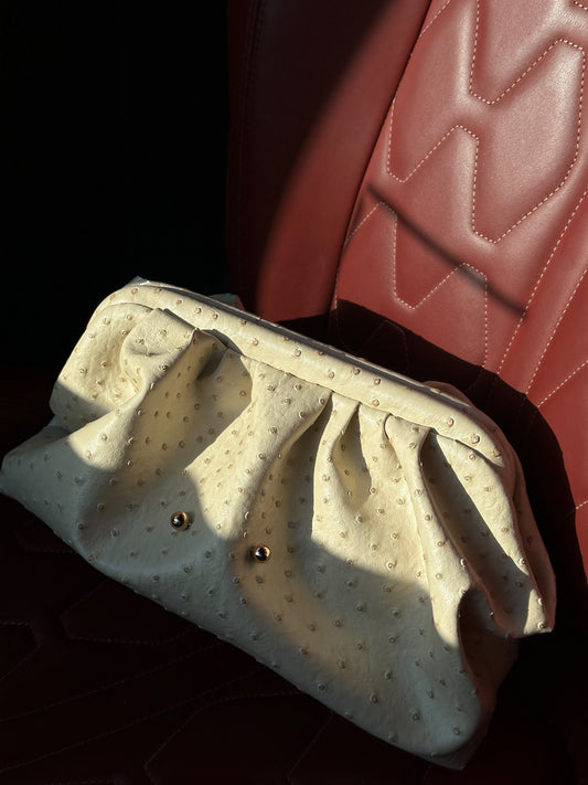 “Le Spec” Maya clutch in Custard Ostrich