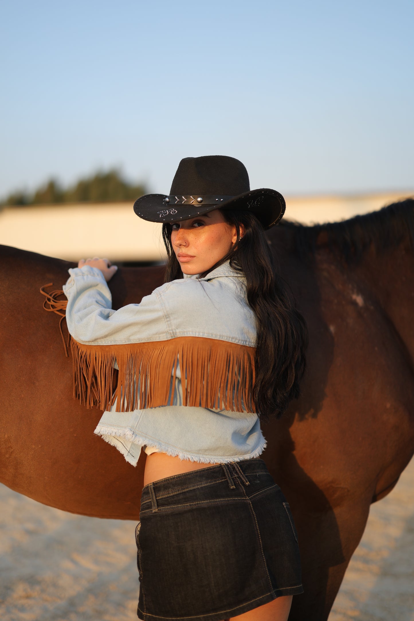 Western Cropped Jacket with Fringe in Light Denim