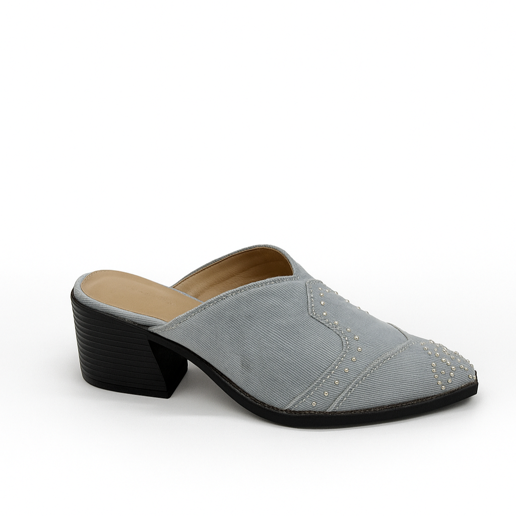 Western Heel Mule in Studded Denim (PREORDEr: Shipping October 8)