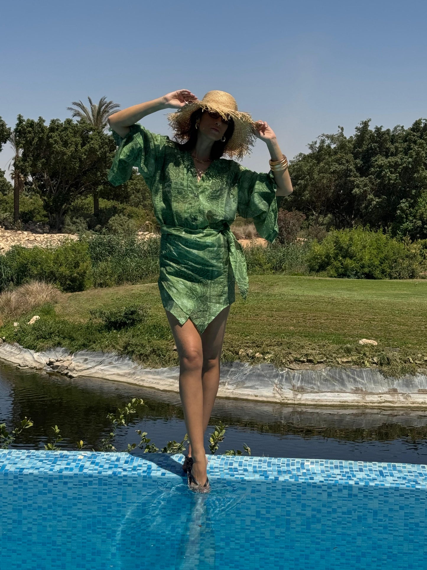 Soraya beach wrap-dress in Green Bandana