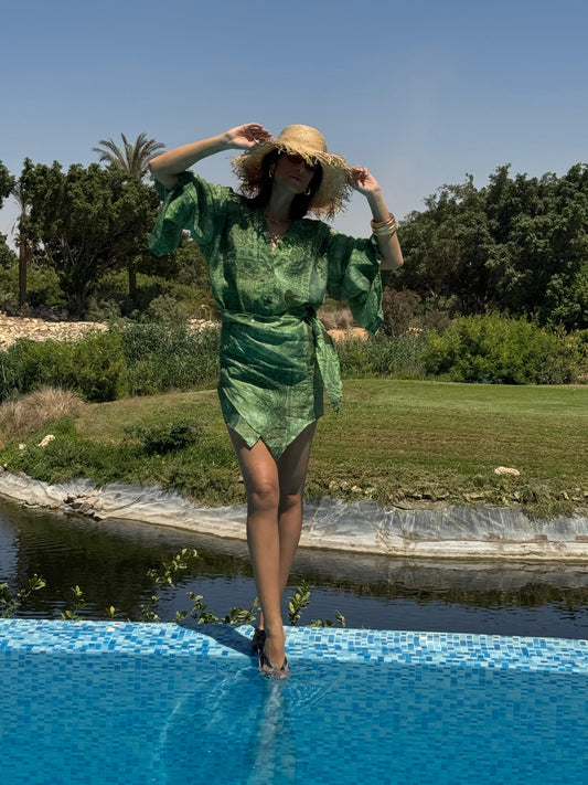 Soraya beach wrap-dress in Green Bandana