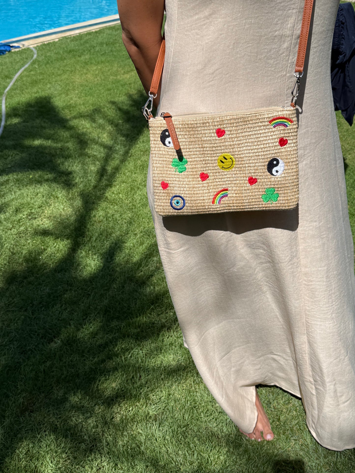 “Funk” Hippie- embroidery Raffia Pouch/cross body (comes with strap)