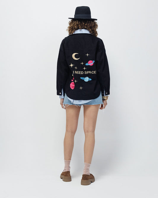 “ I NEED SPACE” embroidered Denim Shacket in Black