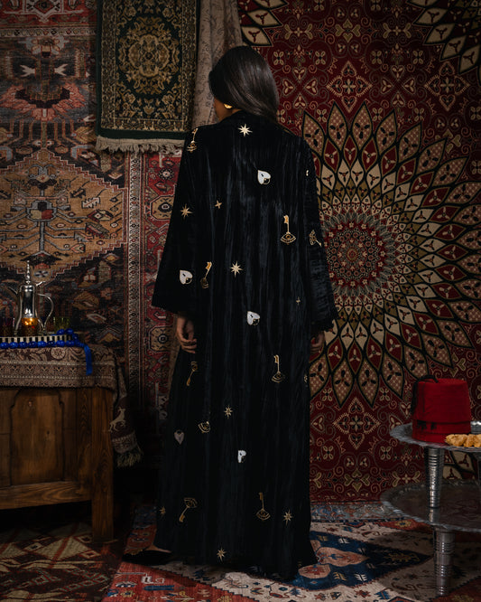 “Heart-Lock & Key” Embroidered Maxi Kaftan in Black