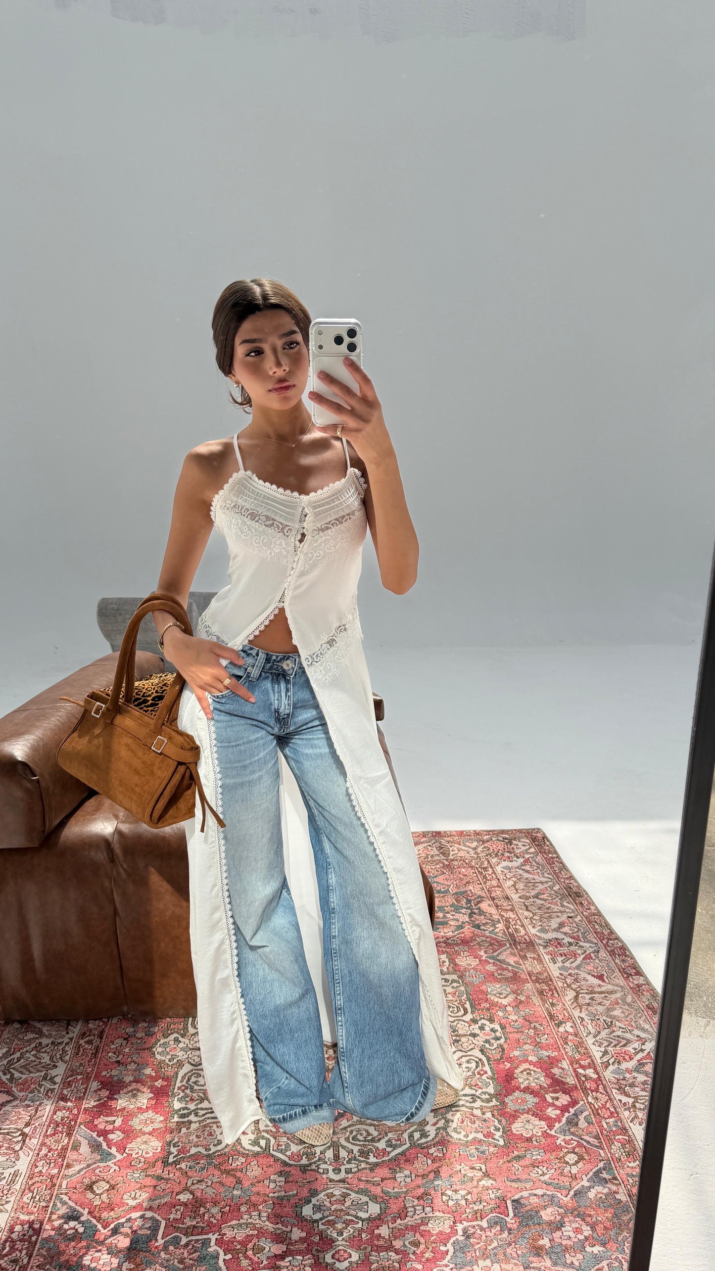 Boho MidMaxi Open Front Cami top in White