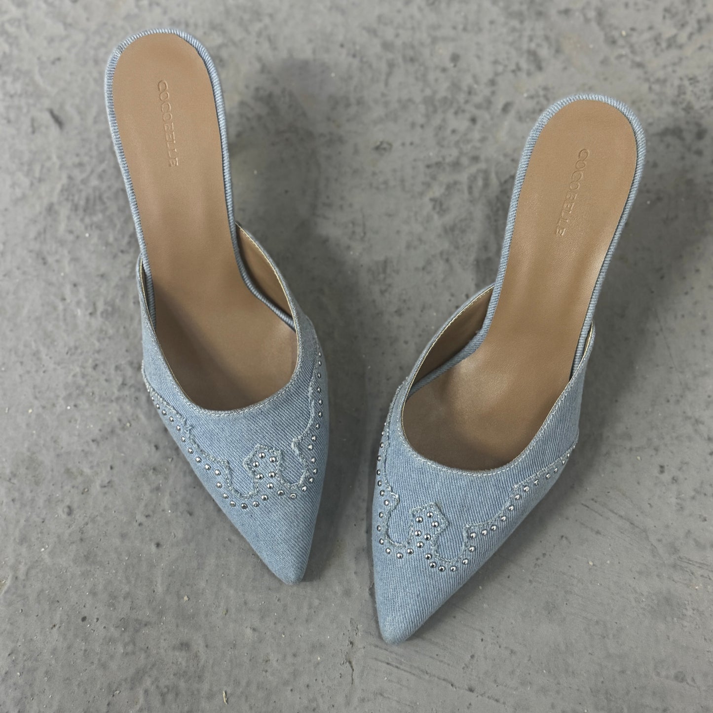Darlin’ Pointed Heel Mules in Denim