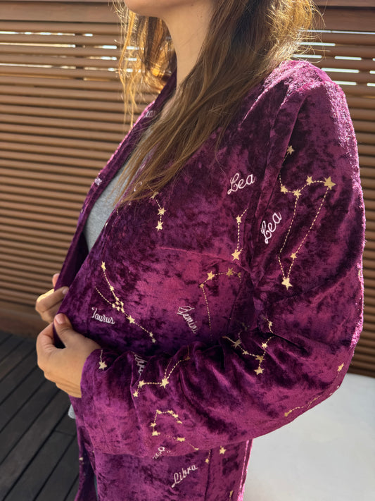 “What’s Your Zodiac Sign?” embroidered Kaftan in Deep-Purple Velvet