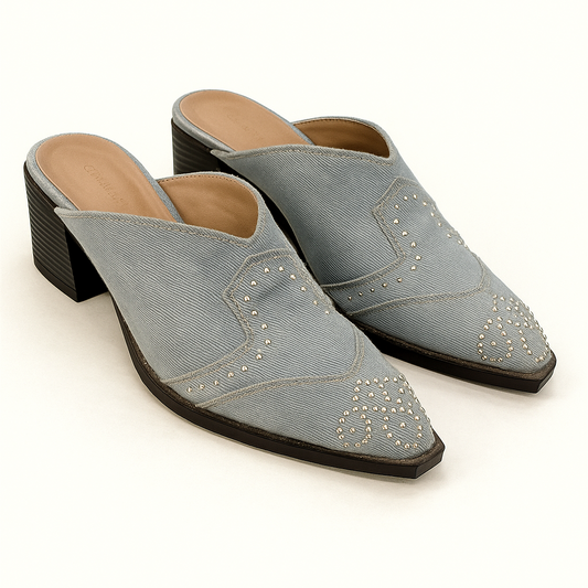 Western Heel Mule in Studded Denim (PREORDEr: Shipping October 8)