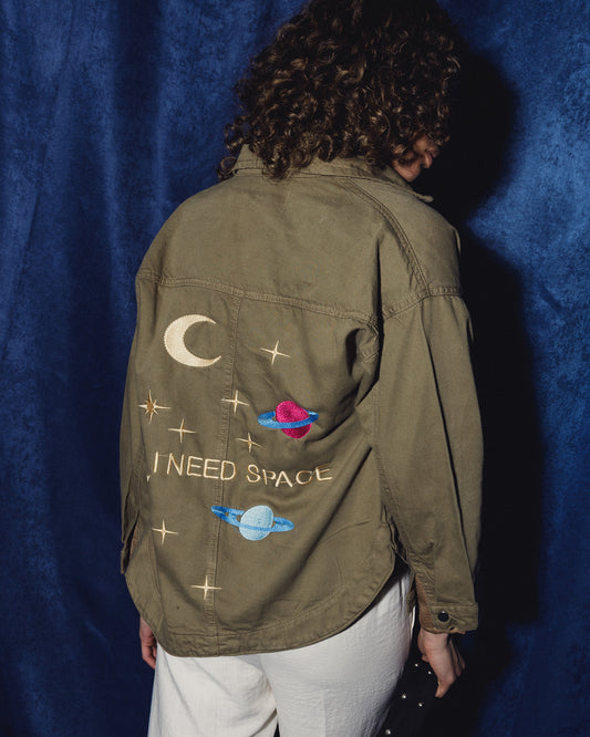 “ I NEED SPACE” embroidered Denim Shacket in Olive