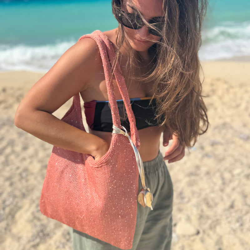 The Ivy tote bag in sequin-embleshed mesh in Peach (Final Sale)