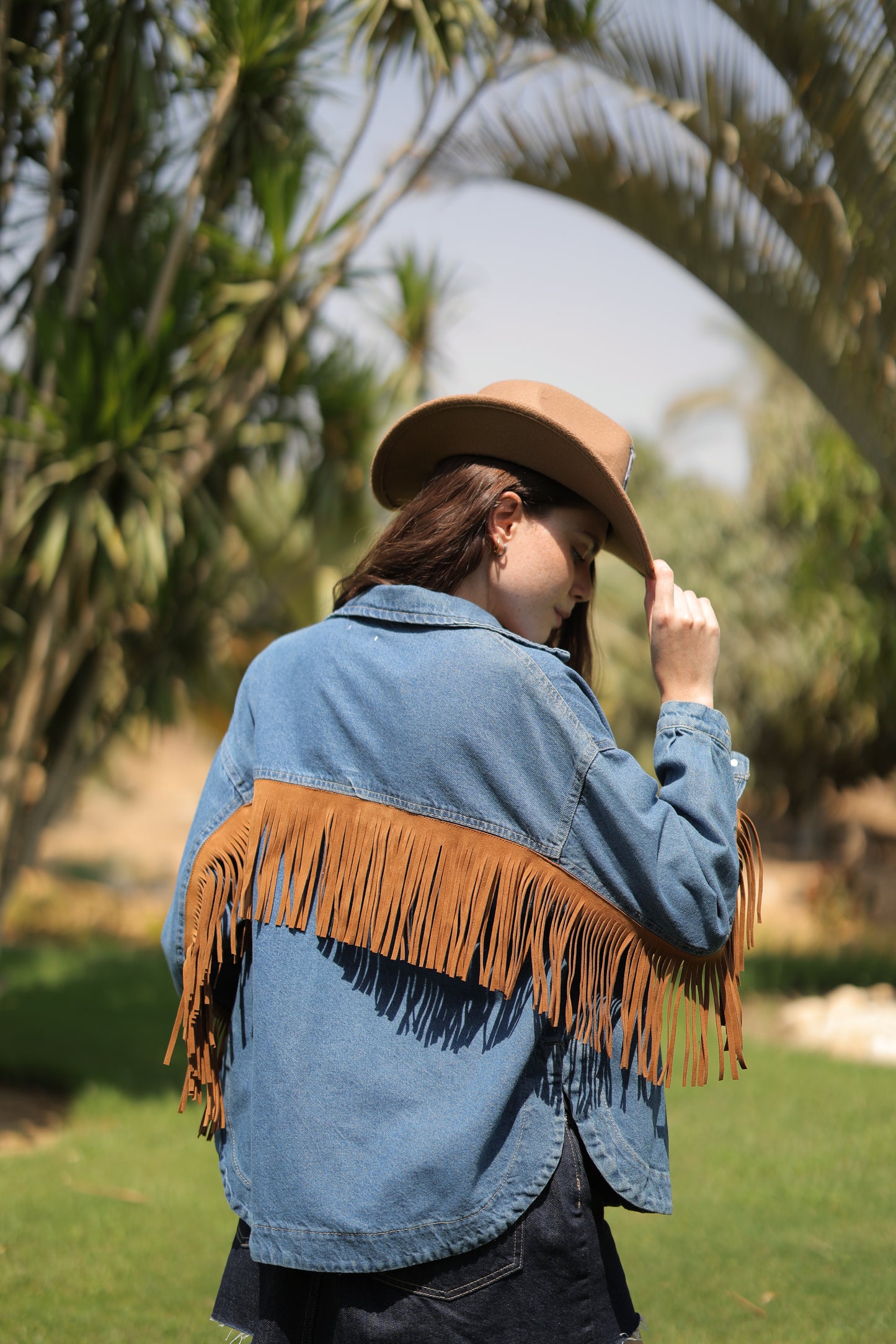 Western Jacket with Fringe in Dark Denim Wash