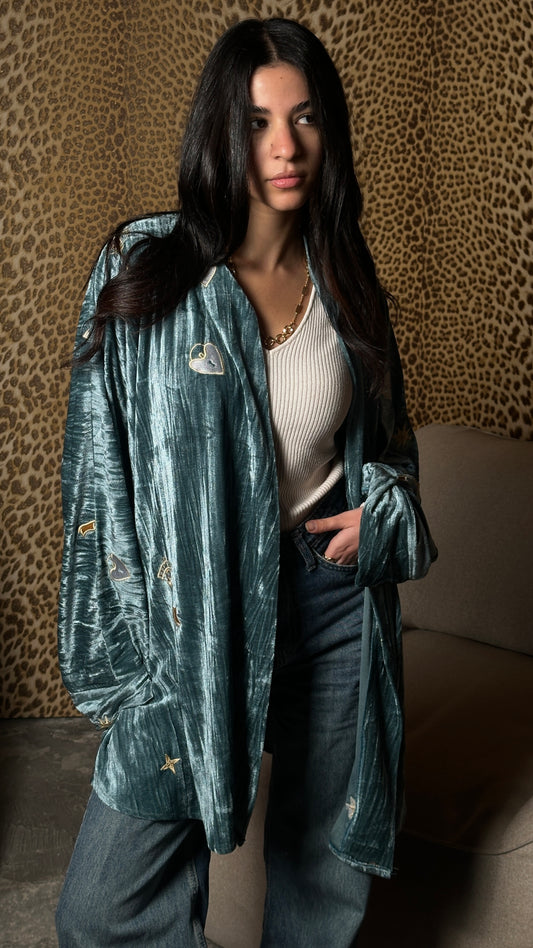 “Heart-Lock & Key” Embroidered 
 Kimono in Powder Blue