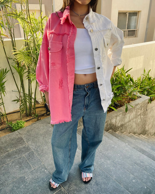 Re/Done Denim Shacket in Pink/White