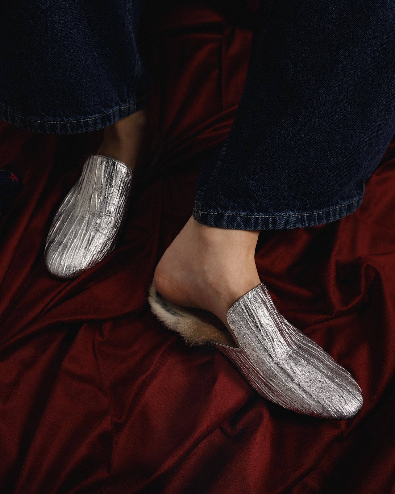 Tracy Mules in Silver & Rabbit fur