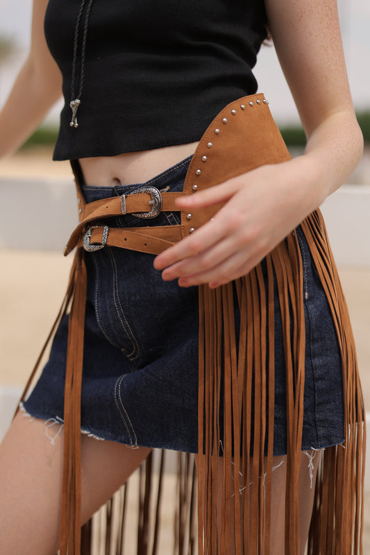 Fringe Studded Belt in Brown