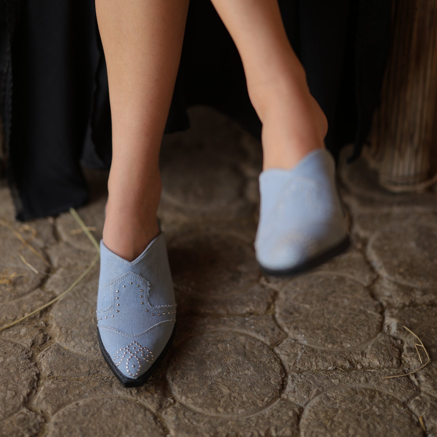 Western Heel Mule in Studded Denim
