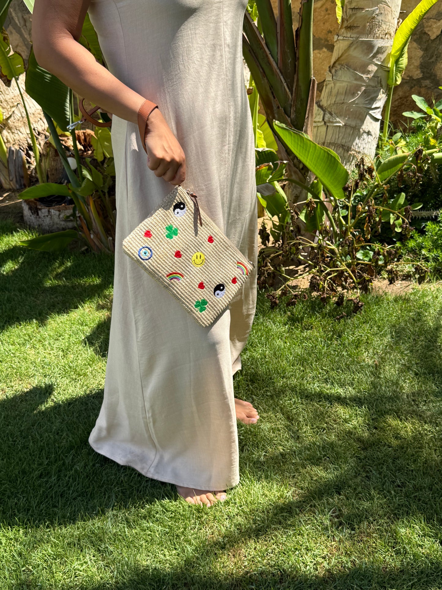 “Funk” Hippie- embroidery Raffia Pouch/cross body (comes with strap)