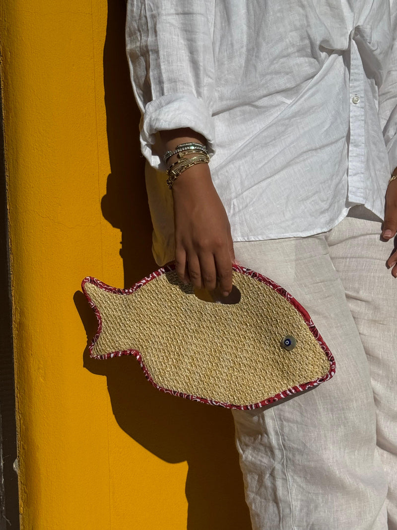 Cleo Fish bag in Raffia & Red Bandana (xSATISFASHION)
