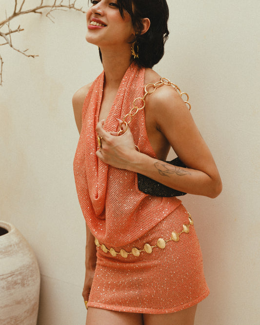 The IBIZA Beach Dress in Sequin Mesh in Peach