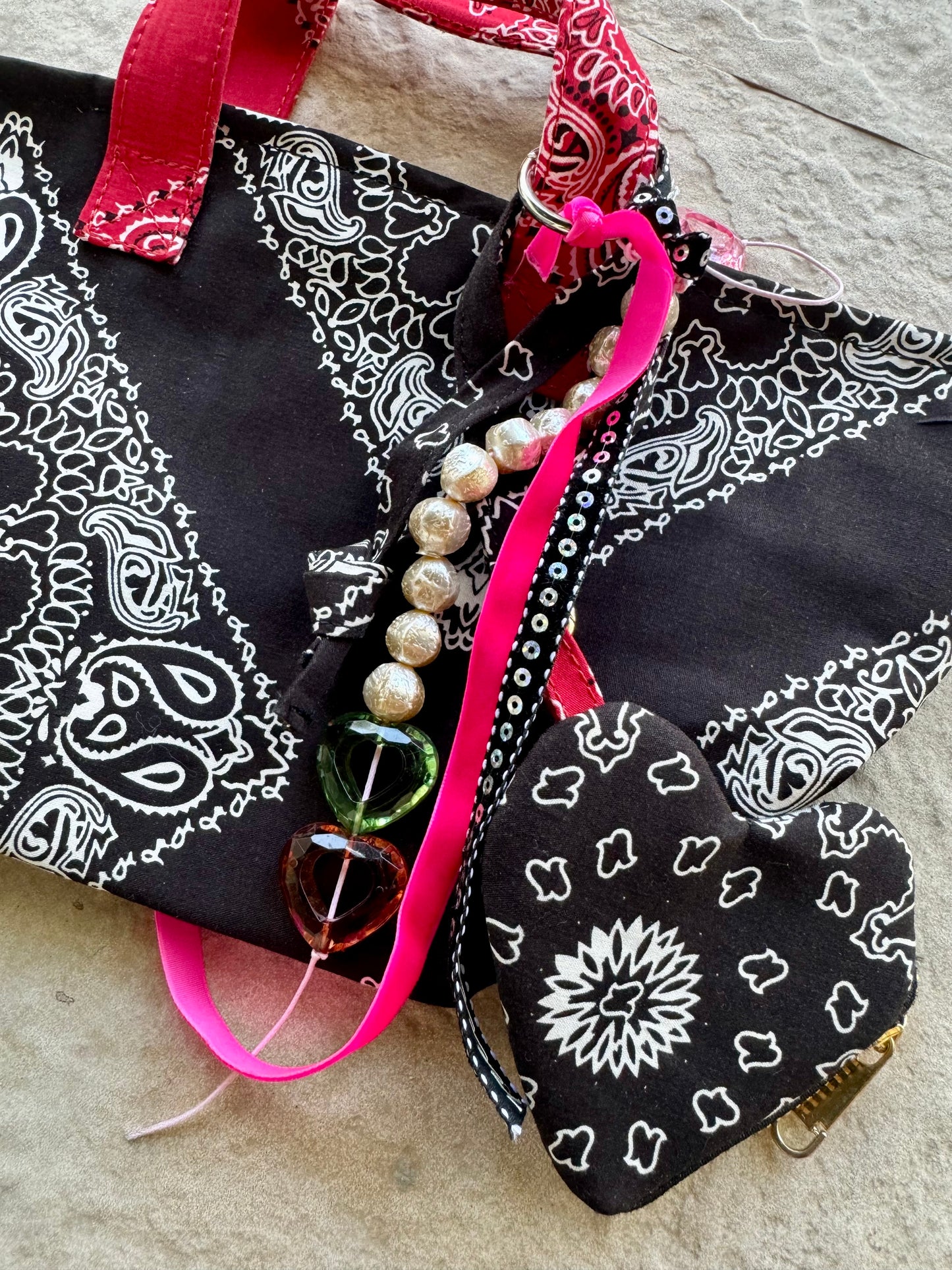 Black Bandana Heart & Pearl- Bag Charms (set of 2)