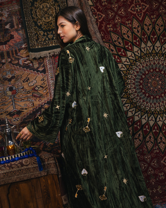 “Heart-Lock & Key” Embroidered Maxi Kaftan in Olive