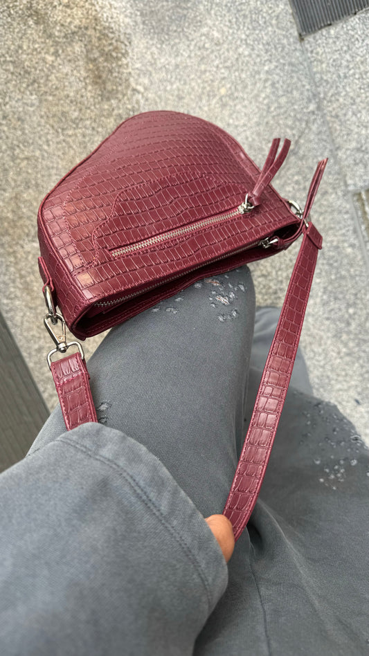 The Saddle Bag in Burgundy Croc