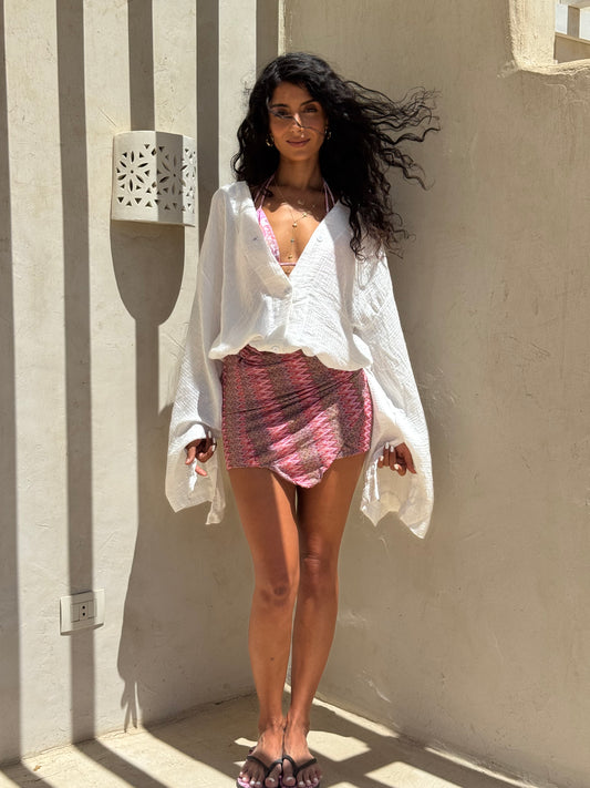 Soraya in White-Shirt & Pink Chevron Wrap