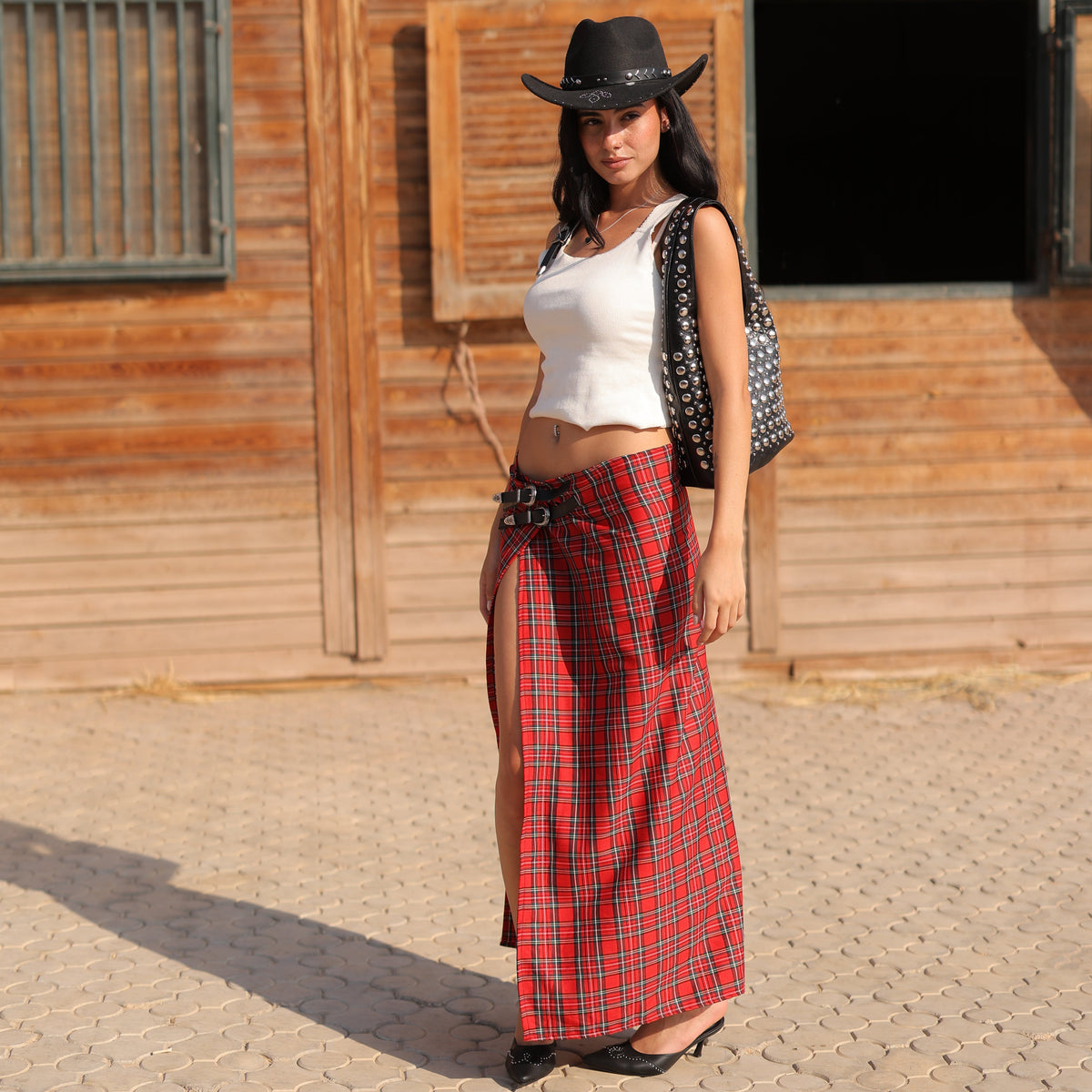 Double Buckle Skirt in Red Plaid