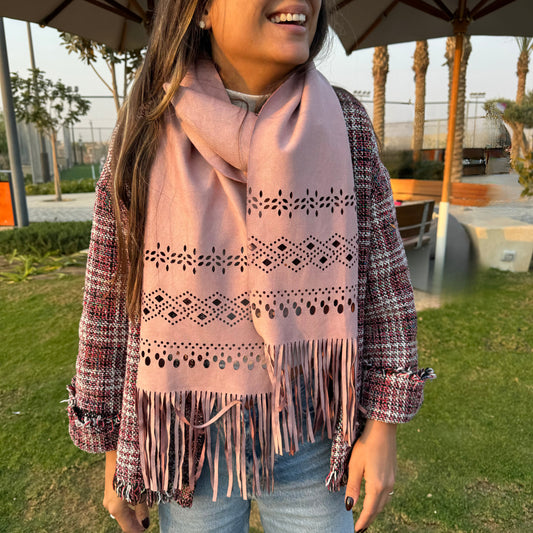 Austin laser-cut fringe scarf in blush rose by COCOBELLE