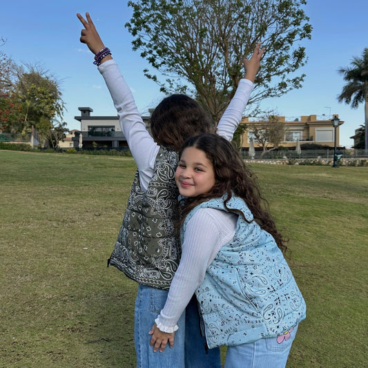 Baby blue bandana puffer vests, Mama & Me, by COCOBELLE